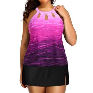 Yonique Plus Size 22W Swimsuit Tankini Skirt Set High Neck Three Keyhole Design
